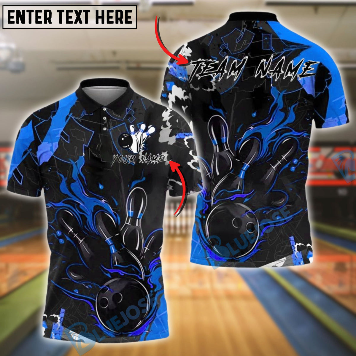 BlueJose Bowling And Pins Strike Flaming Ball Pins Customized Name, Team Name 3D Shirt (4 Colors)
