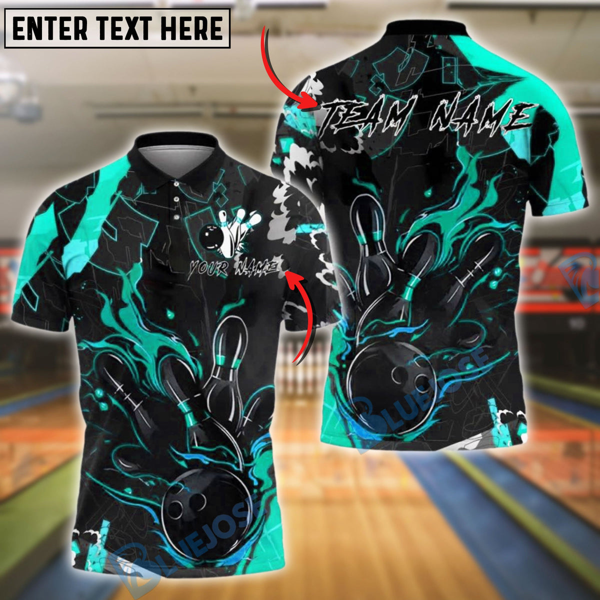 BlueJose Bowling And Pins Strike Flaming Ball Pins Customized Name, Team Name 3D Shirt (4 Colors)
