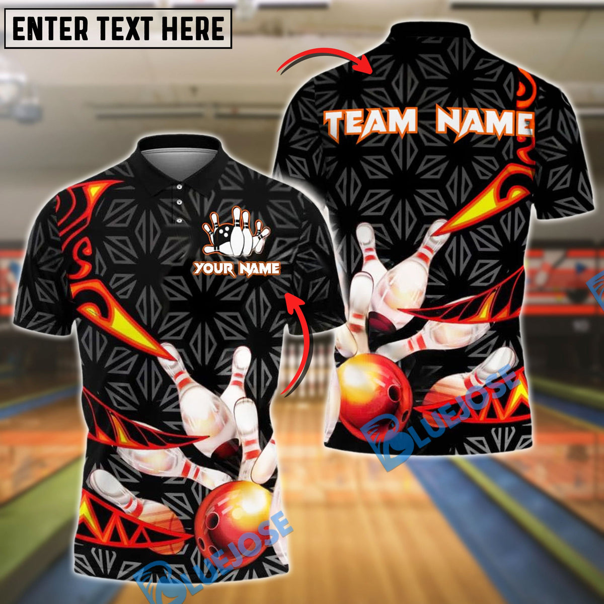 BlueJose Bowling And Pins Fire Strike Flame Customized Name, Team Name 3D Shirt (4 Colors)