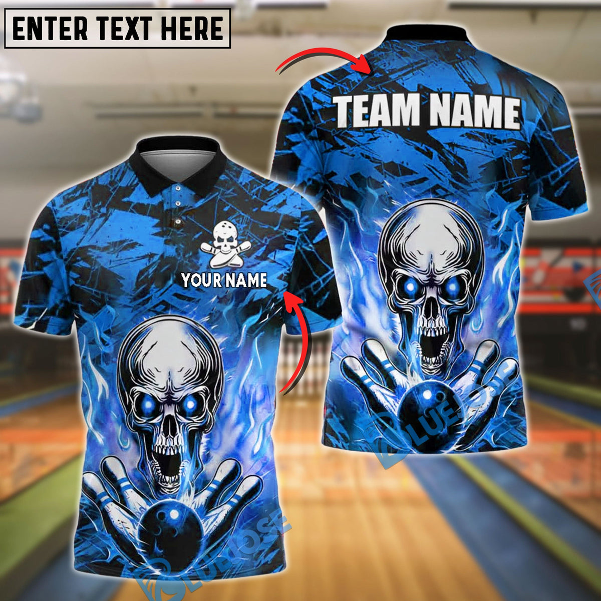 BlueJose Bowling And Pins Flaming Skull Fireball Rage Customized Name, Team Name 3D Shirt (4 Colors)