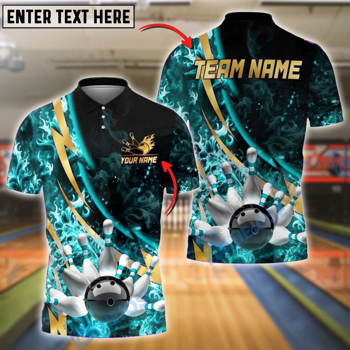 BlueJose Bowling And Pins Lightning Strike Fire Customized Name, Team Name 3D Shirt (4 Colors)