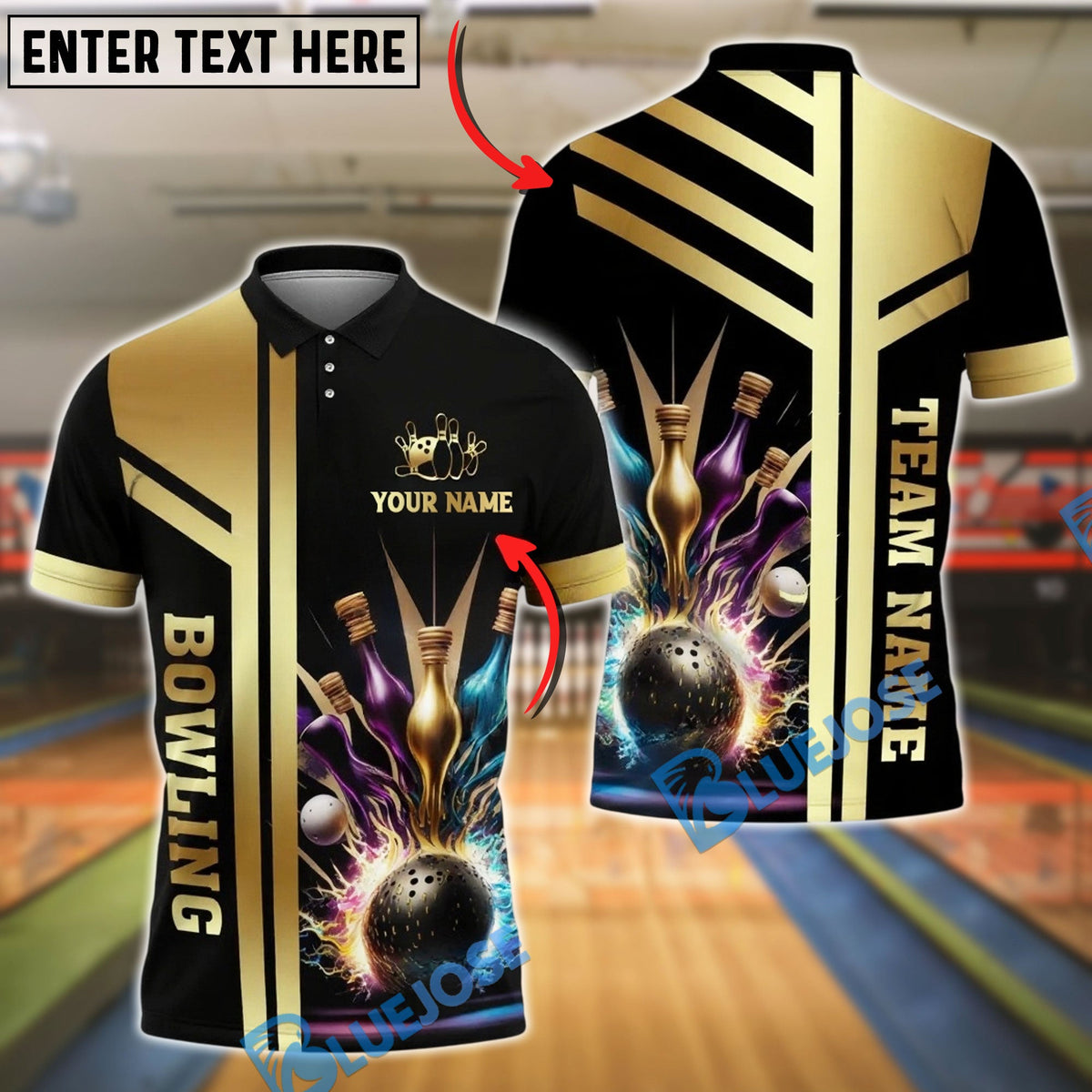 BlueJose Bowling And Pins Premium Gold Customized Name 3D Shirt (6 Colors)
