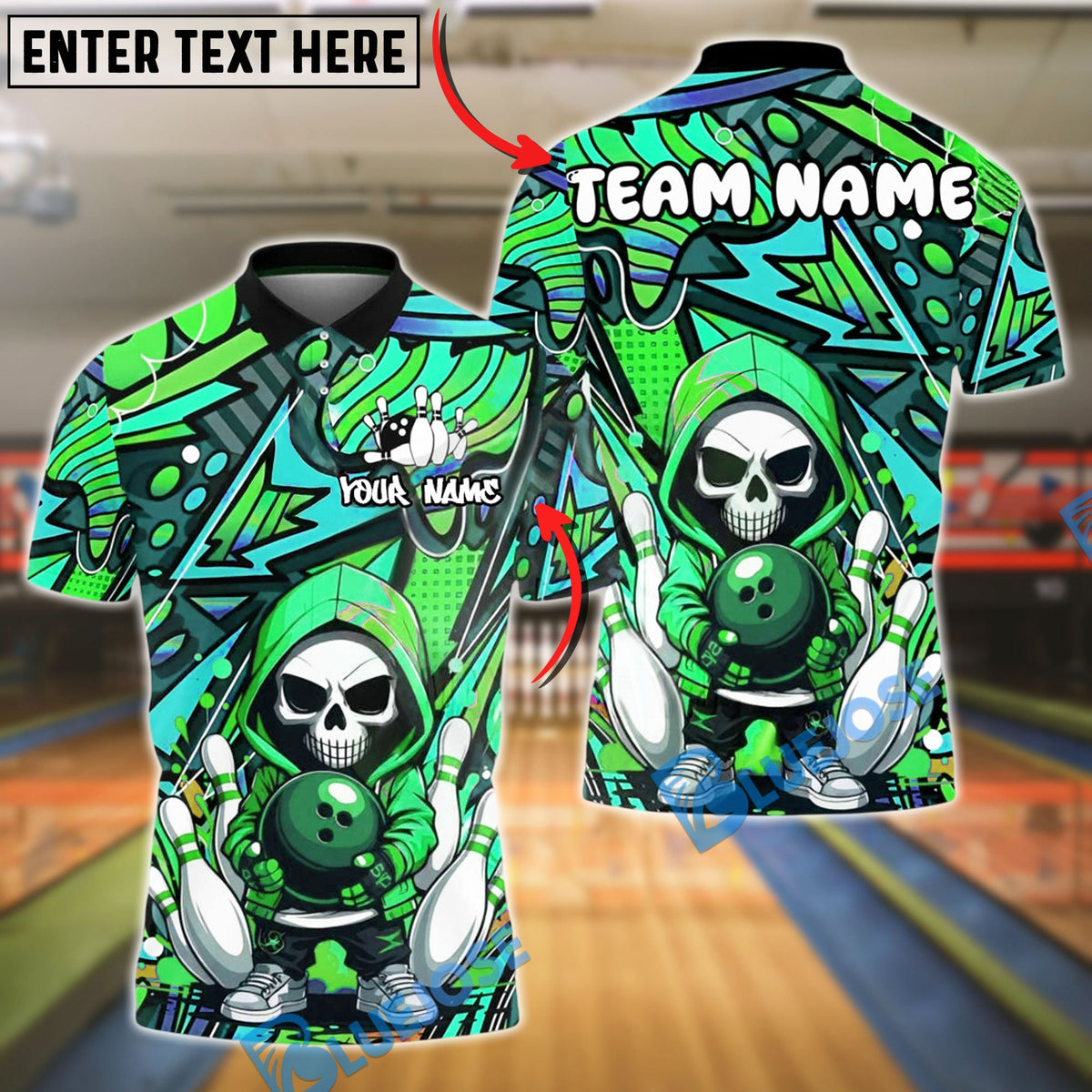 BlueJose Bowling And Pins Neon Skull Hoodie Graffiti Style Customized Name, Team Name 3D Shirt (4 Colors)