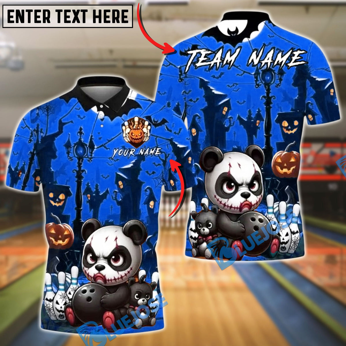 BlueJose Bowling And Pins Evil Panda Halloween Haunted Street Pumpkin Ball Customized Name, Team Name 3D Shirt (4 Colors)