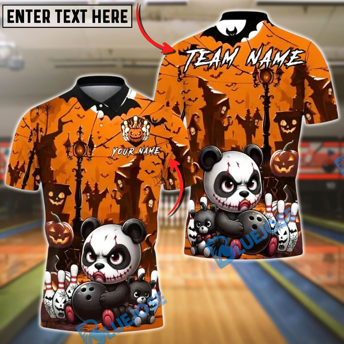 BlueJose Bowling And Pins Evil Panda Halloween Haunted Street Pumpkin Ball Customized Name, Team Name 3D Shirt (4 Colors)