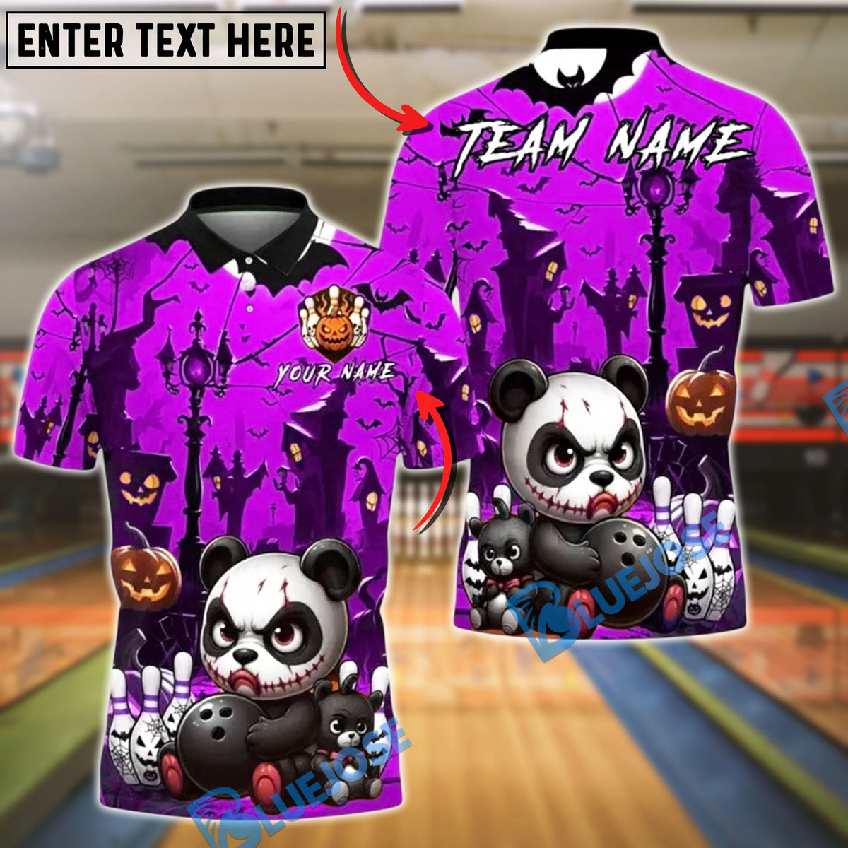 BlueJose Bowling And Pins Evil Panda Halloween Haunted Street Pumpkin Ball Customized Name, Team Name 3D Shirt (4 Colors)