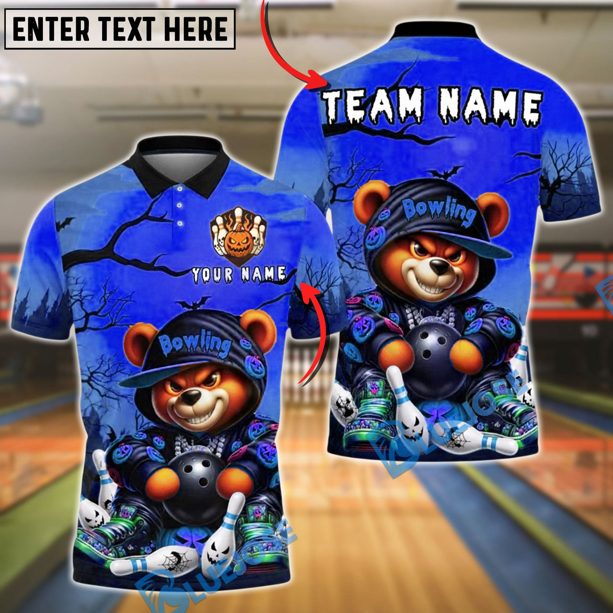 BlueJose Bowling And Pins Halloween Bear Pumpkin Ball Spooky Glow Haunted Customized Name, Team Name 3D Shirt (4 Colors)
