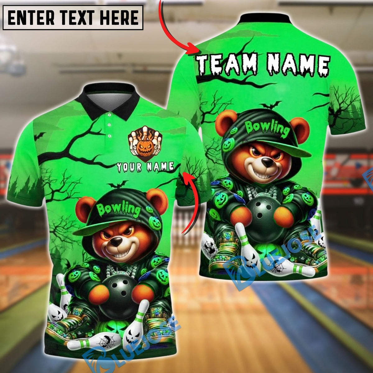 BlueJose Bowling And Pins Halloween Bear Pumpkin Ball Spooky Glow Haunted Customized Name, Team Name 3D Shirt (4 Colors)