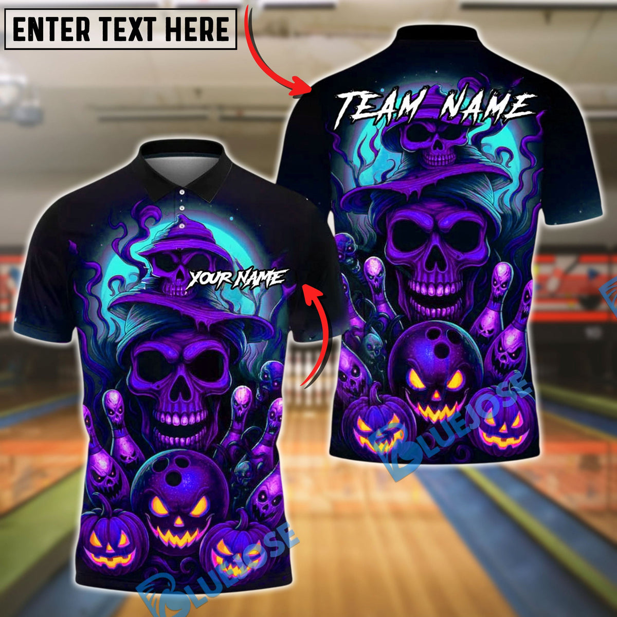 BlueJose Bowling And Pins Halloween Skull Neon Pumpkin Ghost Pins Customized Name, Team Name 3D Shirt (4 Colors)