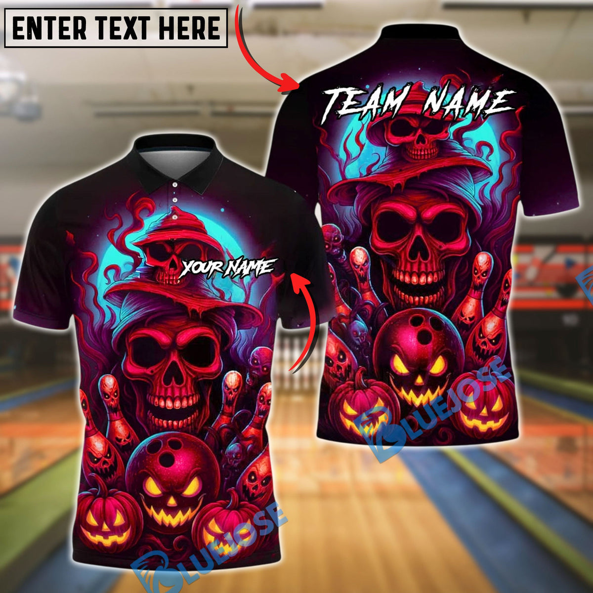 BlueJose Bowling And Pins Halloween Skull Neon Pumpkin Ghost Pins Customized Name, Team Name 3D Shirt (4 Colors)