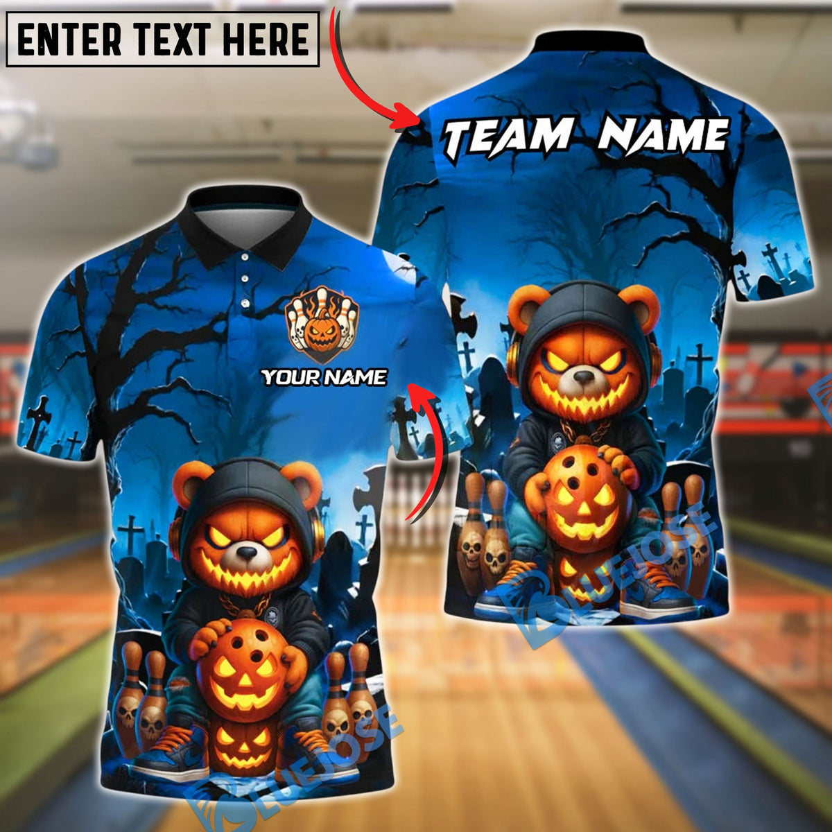 BlueJose Bowling And Pins Halloween Bear Pumpkin Ball Spooky Graveyard Scene Customized Name, Team Name 3D Shirt (4 Colors)