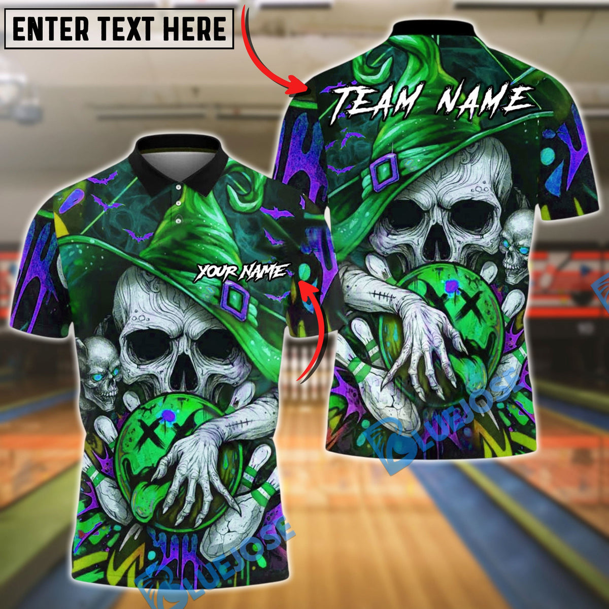 BlueJose Bowling And Pins Skull Wizard Neon Graffiti Ball Spooky Customized Name, Team Name 3D Shirt (4 Colors)