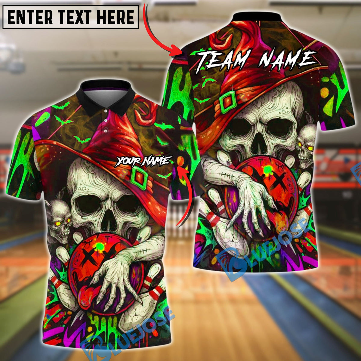 BlueJose Bowling And Pins Skull Wizard Neon Graffiti Ball Spooky Customized Name, Team Name 3D Shirt (4 Colors)