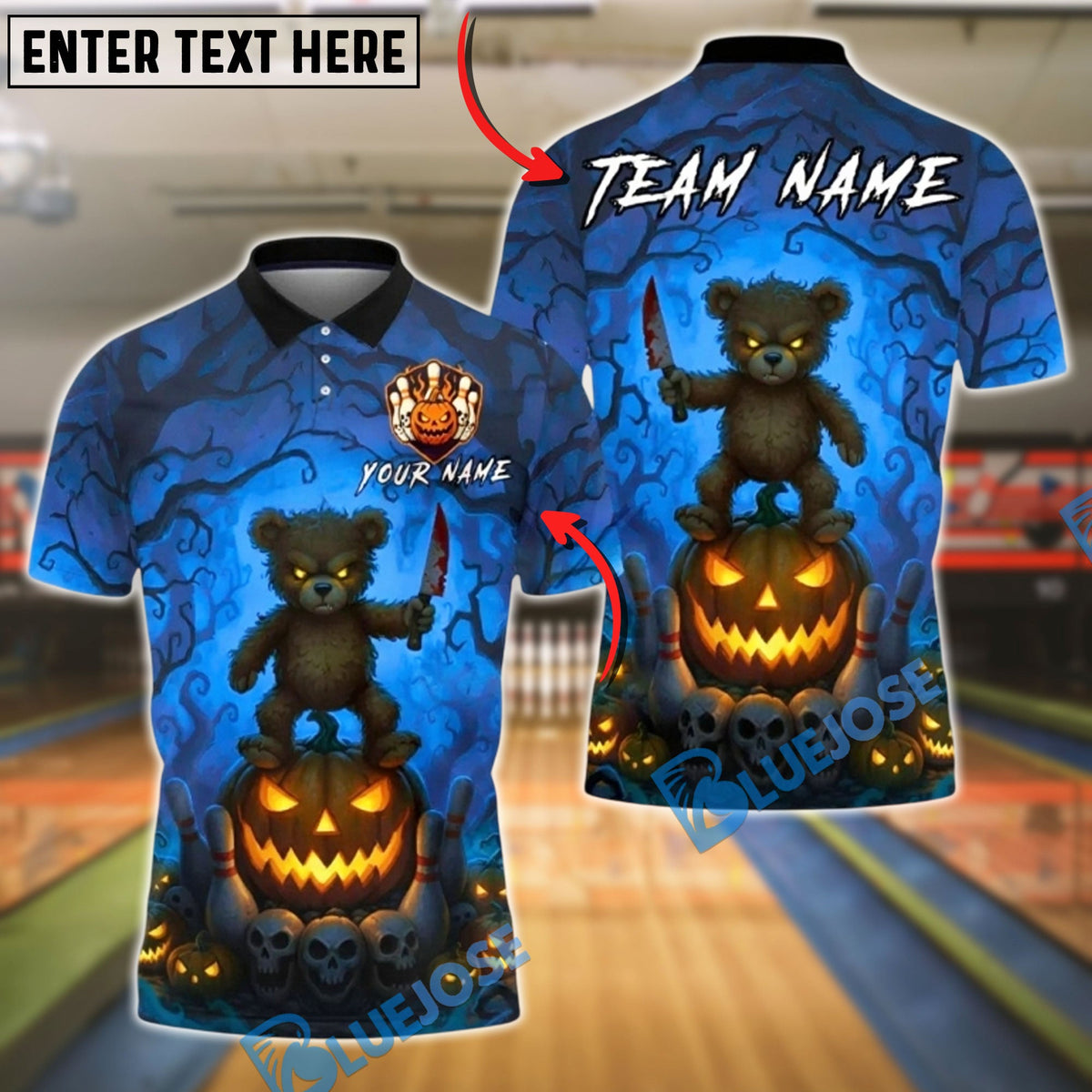 BlueJose Bowling And Pins Scary Teddy Bear Knife Pumpkin Ball Creepy Forest Halloween Customized Name, Team Name 3D Shirt (4 Colors)