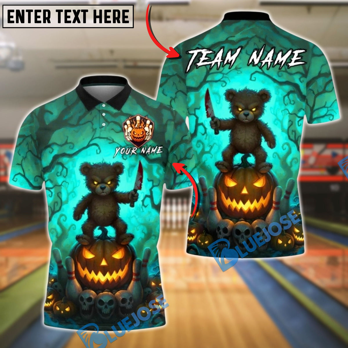 BlueJose Bowling And Pins Scary Teddy Bear Knife Pumpkin Ball Creepy Forest Halloween Customized Name, Team Name 3D Shirt (4 Colors)