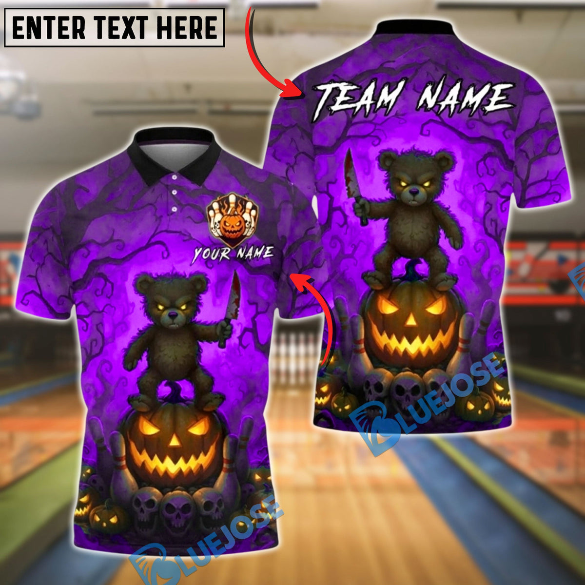 BlueJose Bowling And Pins Scary Teddy Bear Knife Pumpkin Ball Creepy Forest Halloween Customized Name, Team Name 3D Shirt (4 Colors)