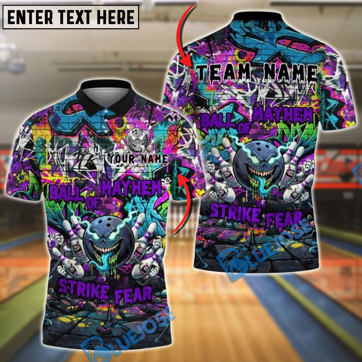 BlueJose Bowling And Pins Ball of Mayhem Graffiti Strike Fear Customized Name, Team Name 3D Shirt (4 Colors)