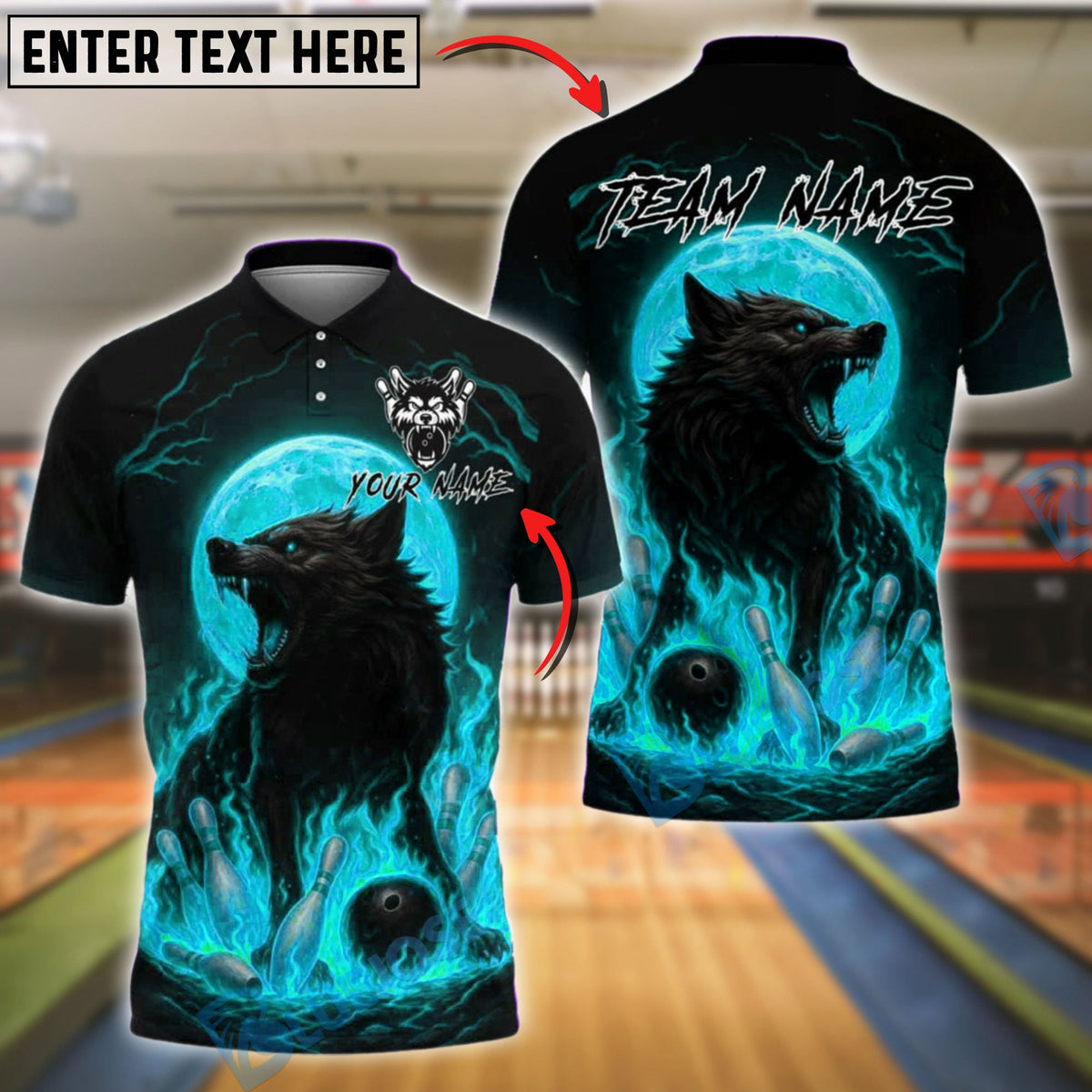 BlueJose Bowling And Pins Fire Wolf Moon Customized Name, Team Name 3D Shirt (4 Colors)