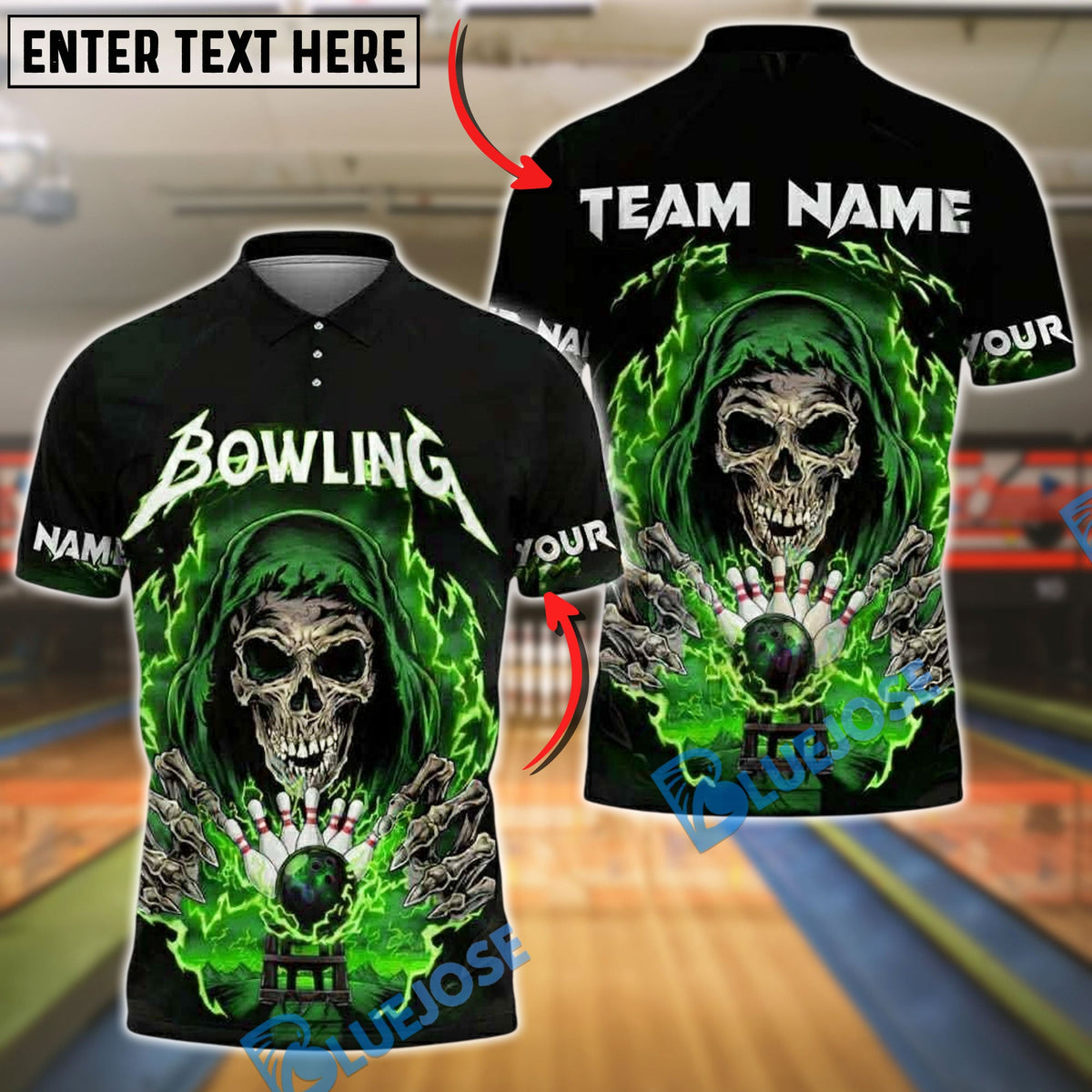 BlueJose Bowling And Pins Skull Lightning Strike Customized Name, Team Name 3D Shirt (4 Colors)