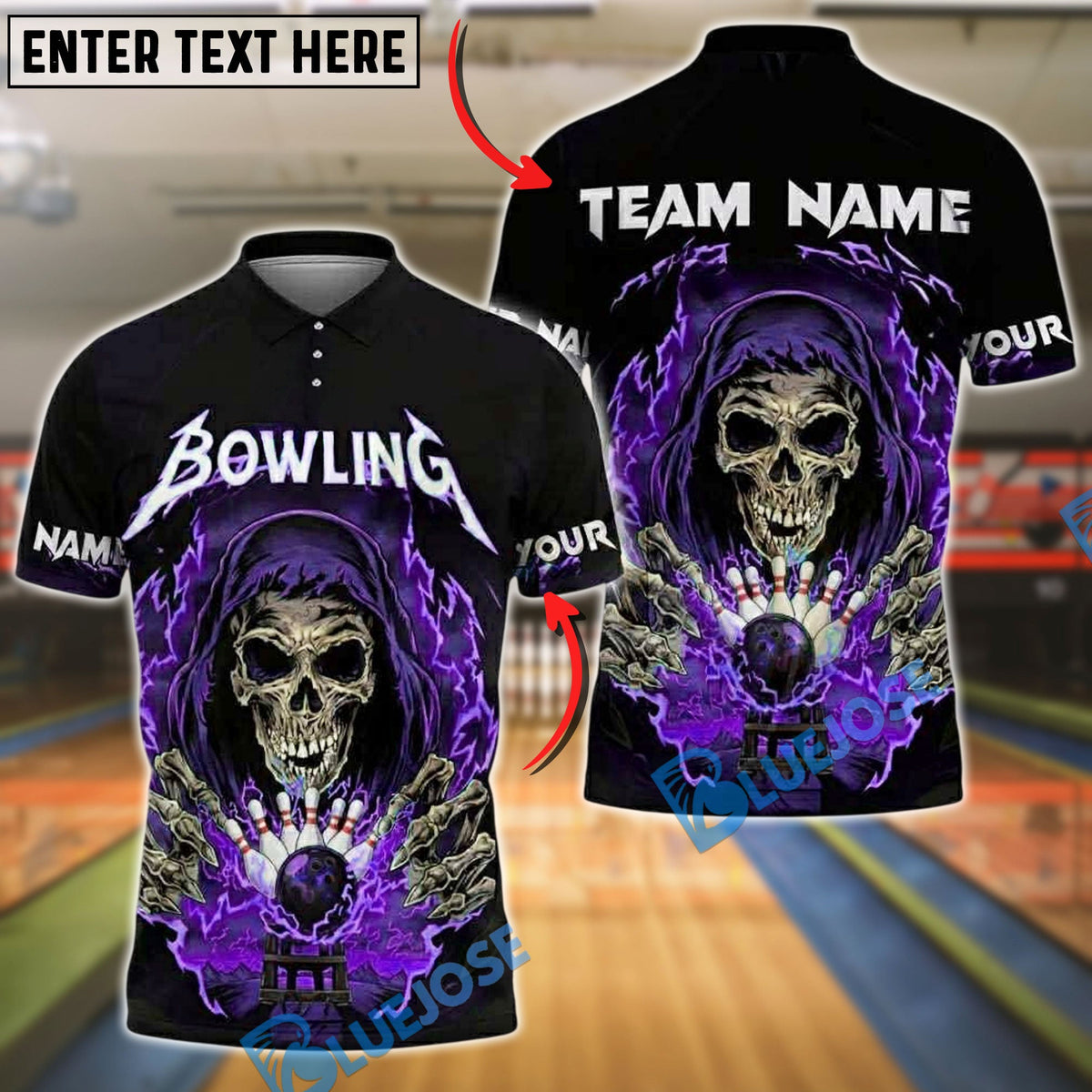 BlueJose Bowling And Pins Skull Lightning Strike Customized Name, Team Name 3D Shirt (4 Colors)