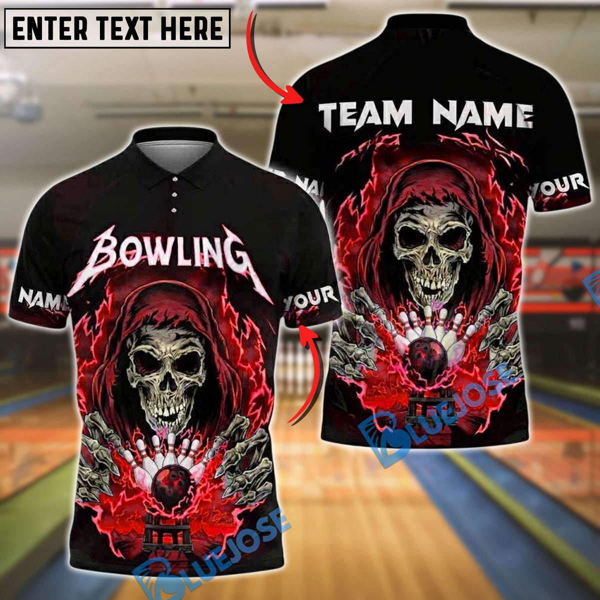 BlueJose Bowling And Pins Skull Lightning Strike Customized Name, Team Name 3D Shirt (4 Colors)