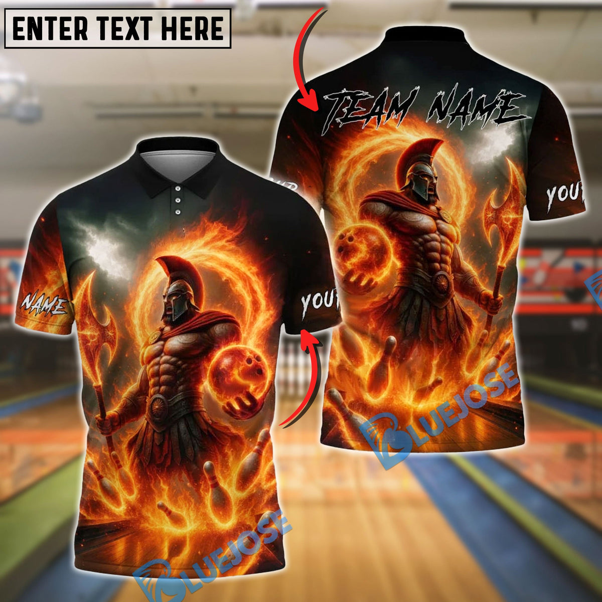 BlueJose Bowling And Pins Flaming Spartan God of Fire Customized Name, Team Name 3D Shirt (4 Colors)
