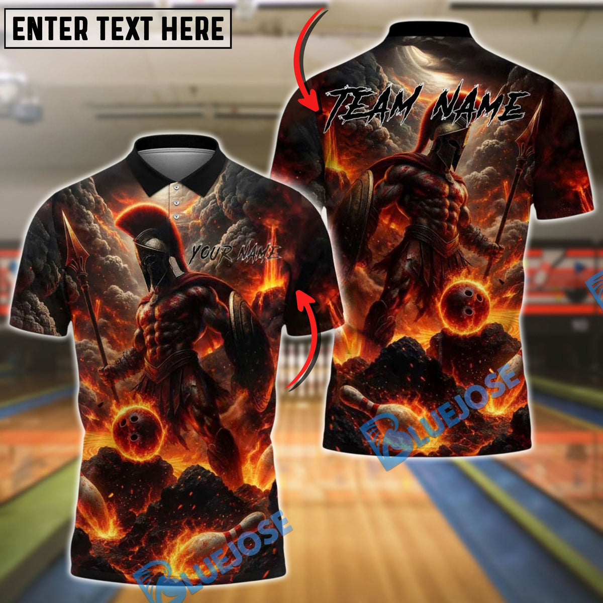 BlueJose Bowling And Pins Spartan Warrior Volcano Fury Customized Name, Team Name 3D Shirt (4 Colors)
