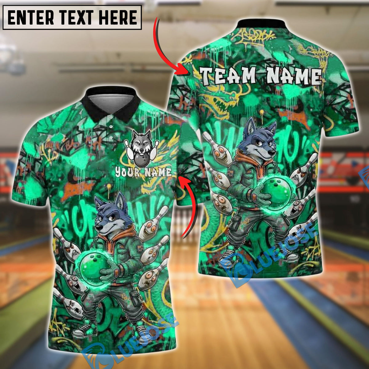 BlueJose Bowling And Pins Graffiti Wolf Jetpack Pins Customized Name, Team Name 3D Shirt (4 Colors)