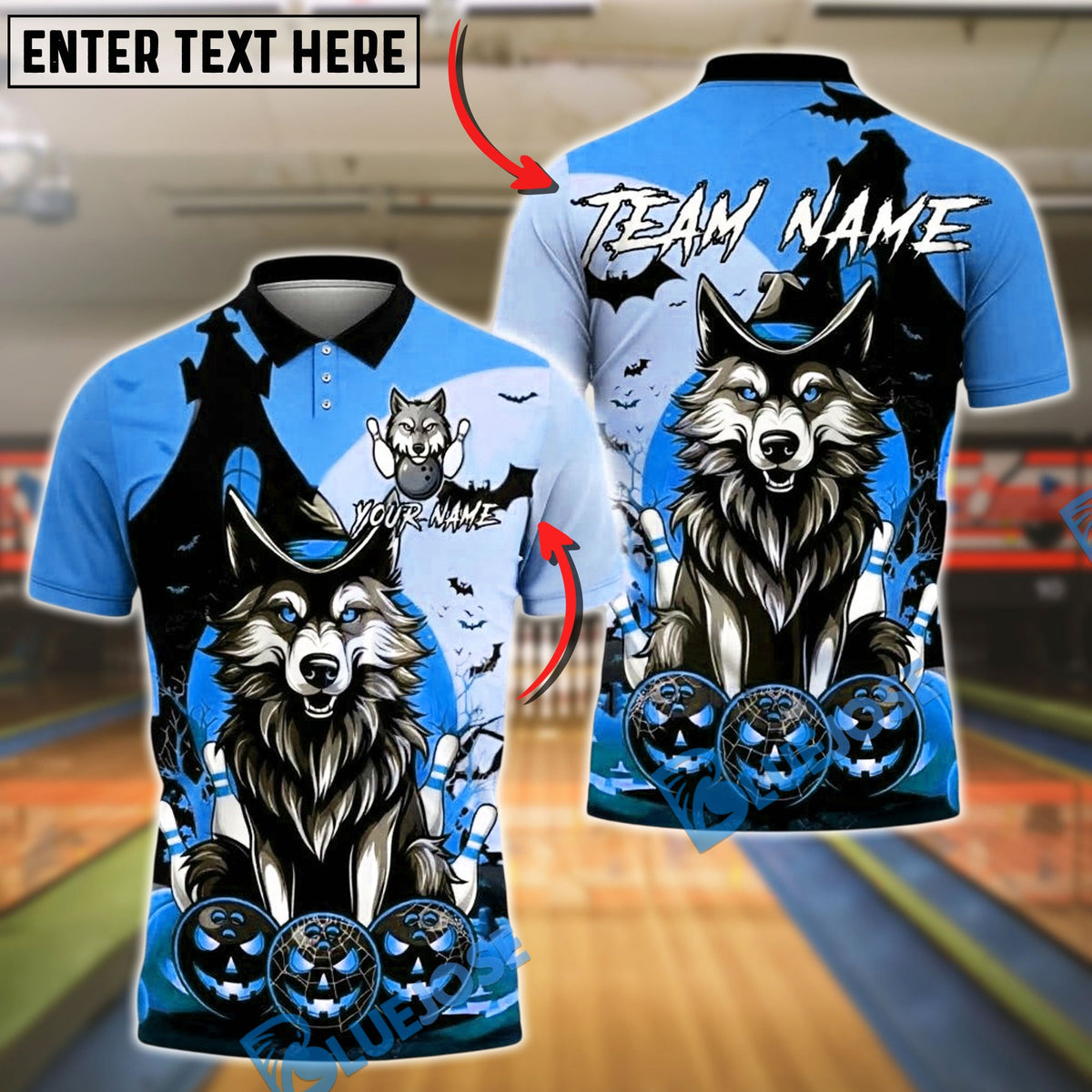 BlueJose Bowling And Pins Halloween Wolf Pumpkin Customized Name, Team Name 3D Shirt (4 Colors)