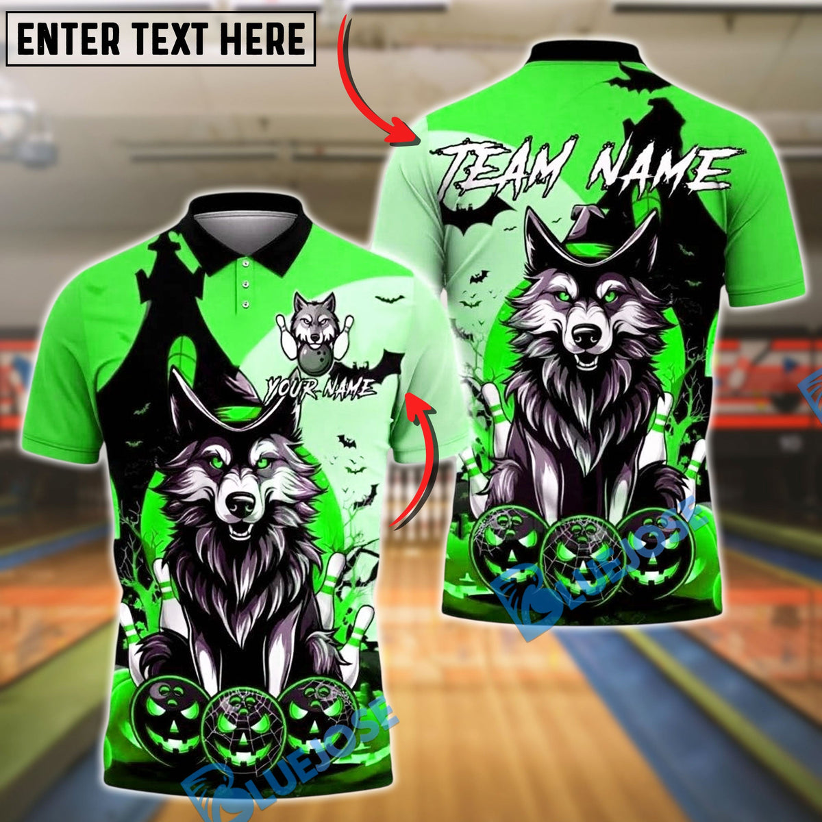 BlueJose Bowling And Pins Halloween Wolf Pumpkin Customized Name, Team Name 3D Shirt (4 Colors)