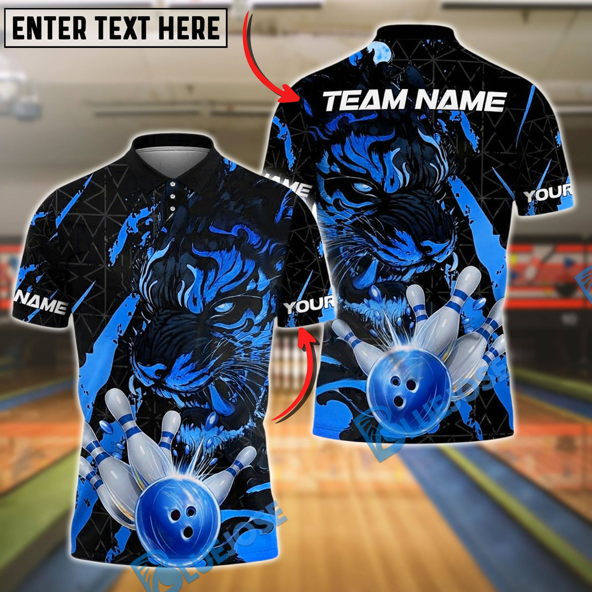BlueJose Bowling And Pins Tiger Golden Ball Striking Pins Customized Name, Team Name 3D Shirt (4 Colors)