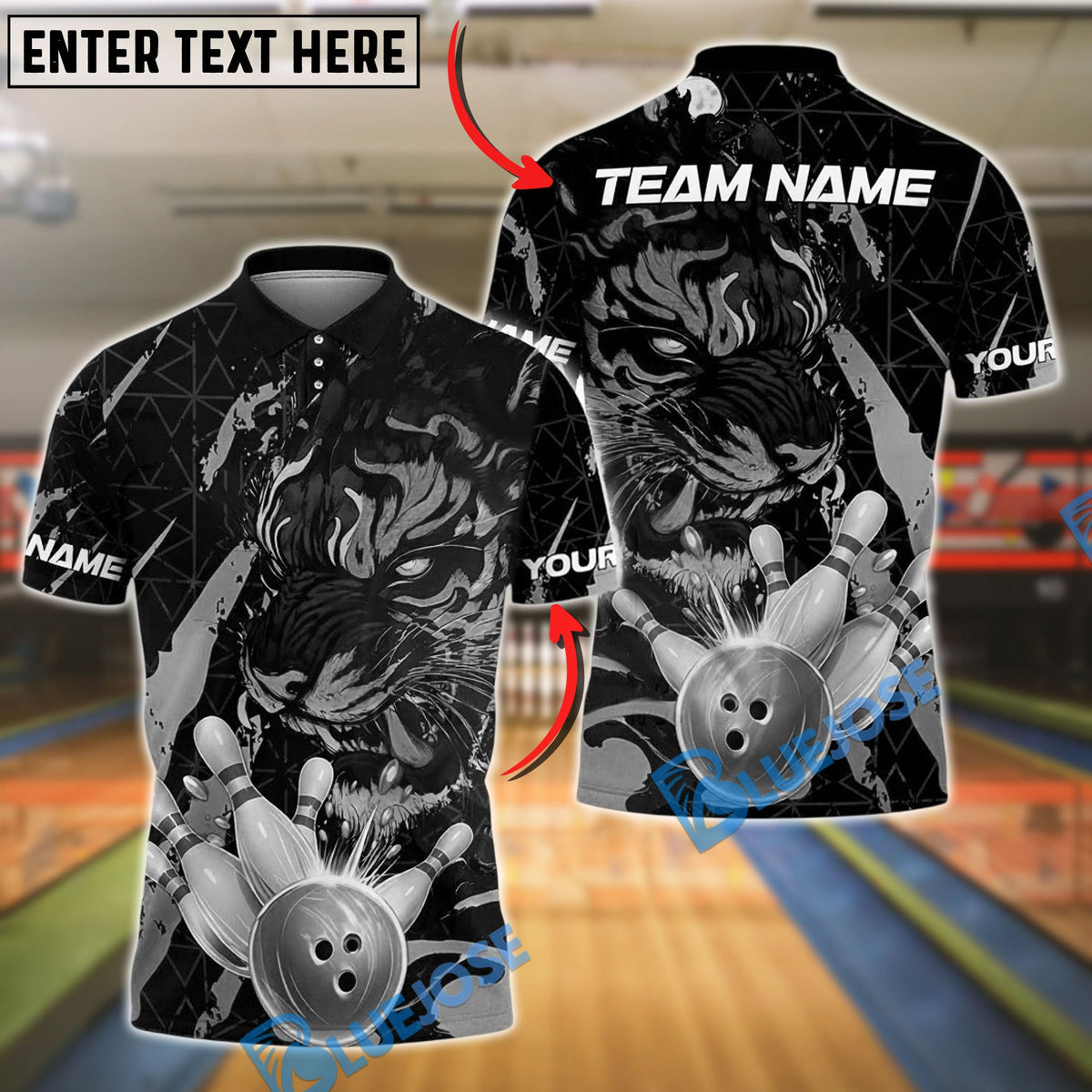 BlueJose Bowling And Pins Tiger Golden Ball Striking Pins Customized Name, Team Name 3D Shirt (4 Colors)