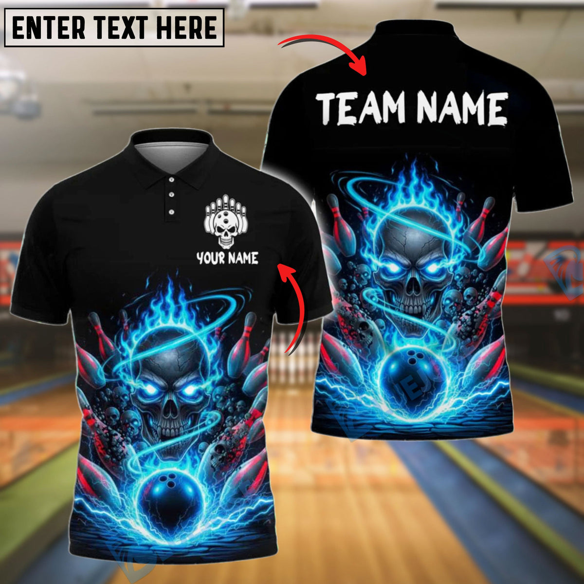 BlueJose Bowling Fire Skull and Pins Customized Name, Team Name 3D Shirt (4 Colors)