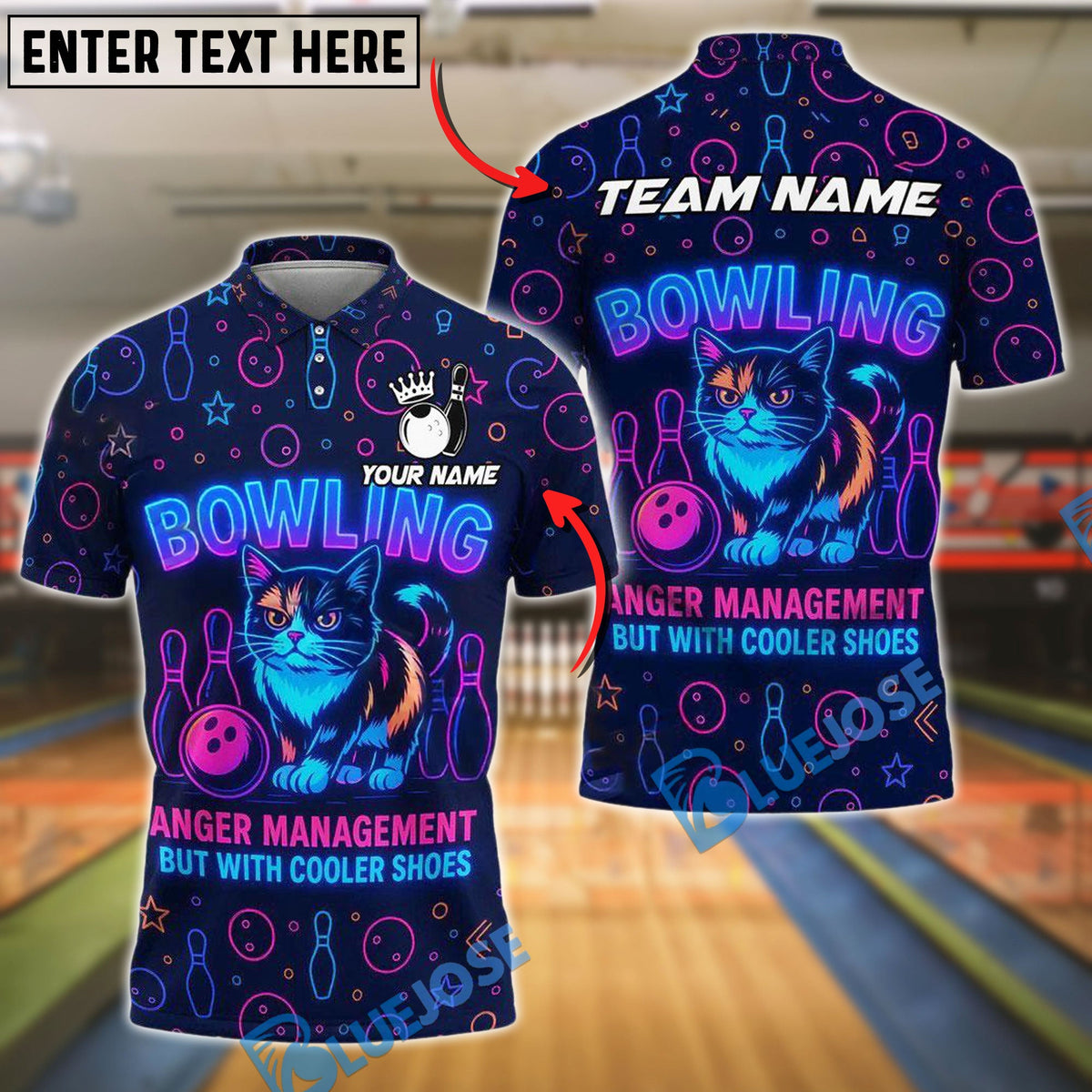 BlueJose Bowling Neon Cat Anger Management Edition Customized Name, Team Name 3D Shirt (4 Colors)