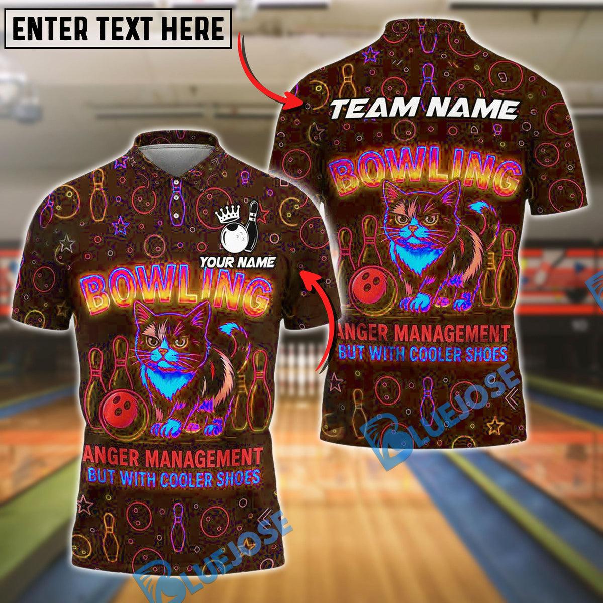 BlueJose Bowling Neon Cat Anger Management Edition Customized Name, Team Name 3D Shirt (4 Colors)