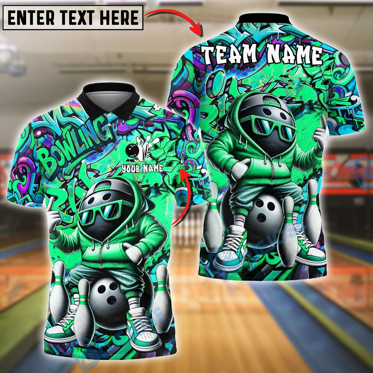BlueJose Bowling And Pins Cool Graffiti Ball Character Customized Name, Team Name 3D Shirt (4 Colors)