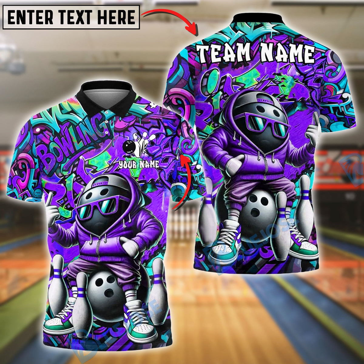 BlueJose Bowling And Pins Cool Graffiti Ball Character Customized Name, Team Name 3D Shirt (4 Colors)