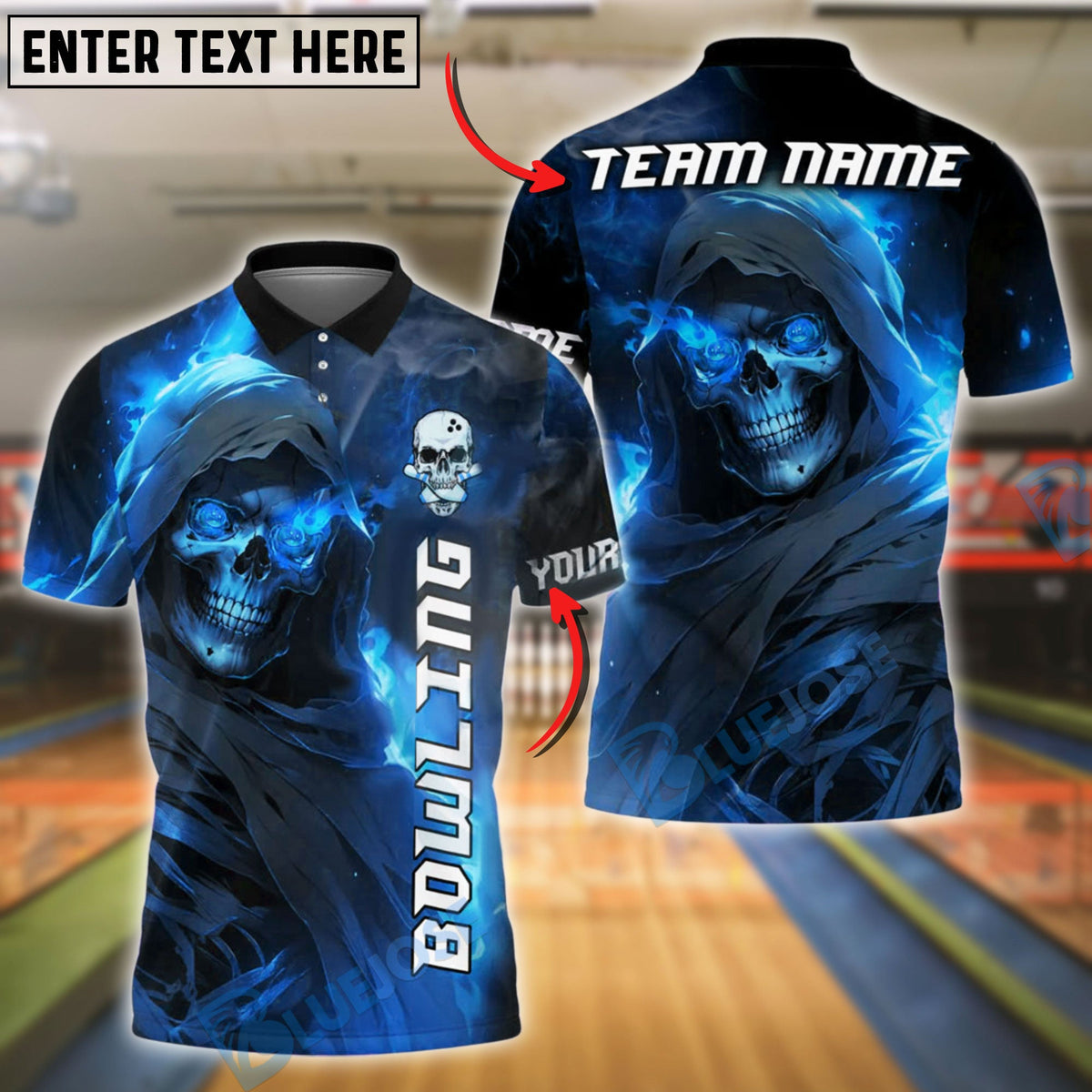 BlueJose Bowling Flaming Skull Fire Reaper Customized Name, Team Name 3D Shirt (4 Colors)