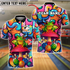 BlueJose Bowling And Pins Frog Mushroom Graffiti Customized Name, Team Name 3D Shirt (4 Colors)
