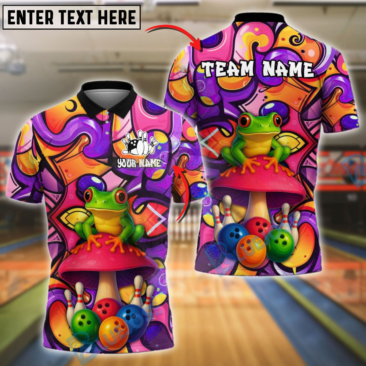 BlueJose Bowling And Pins Frog Mushroom Graffiti Customized Name, Team Name 3D Shirt (4 Colors)