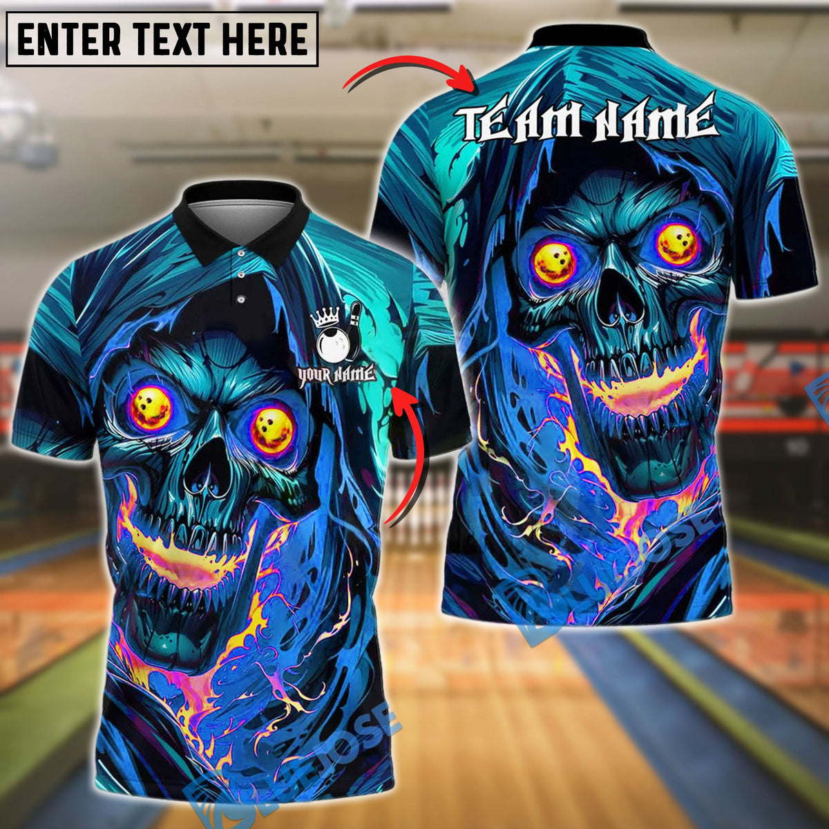 BlueJose Bowling Fiery Inferno Skull With Glowing Eyes Customized Name, Team Name 3D Shirt (4 Colors)