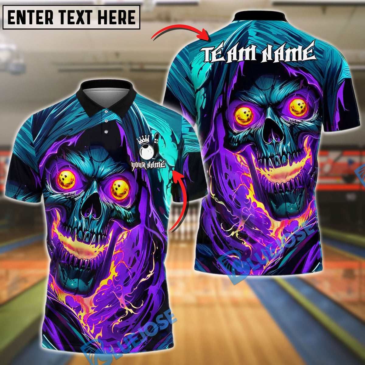 BlueJose Bowling Fiery Inferno Skull With Glowing Eyes Customized Name, Team Name 3D Shirt (4 Colors)