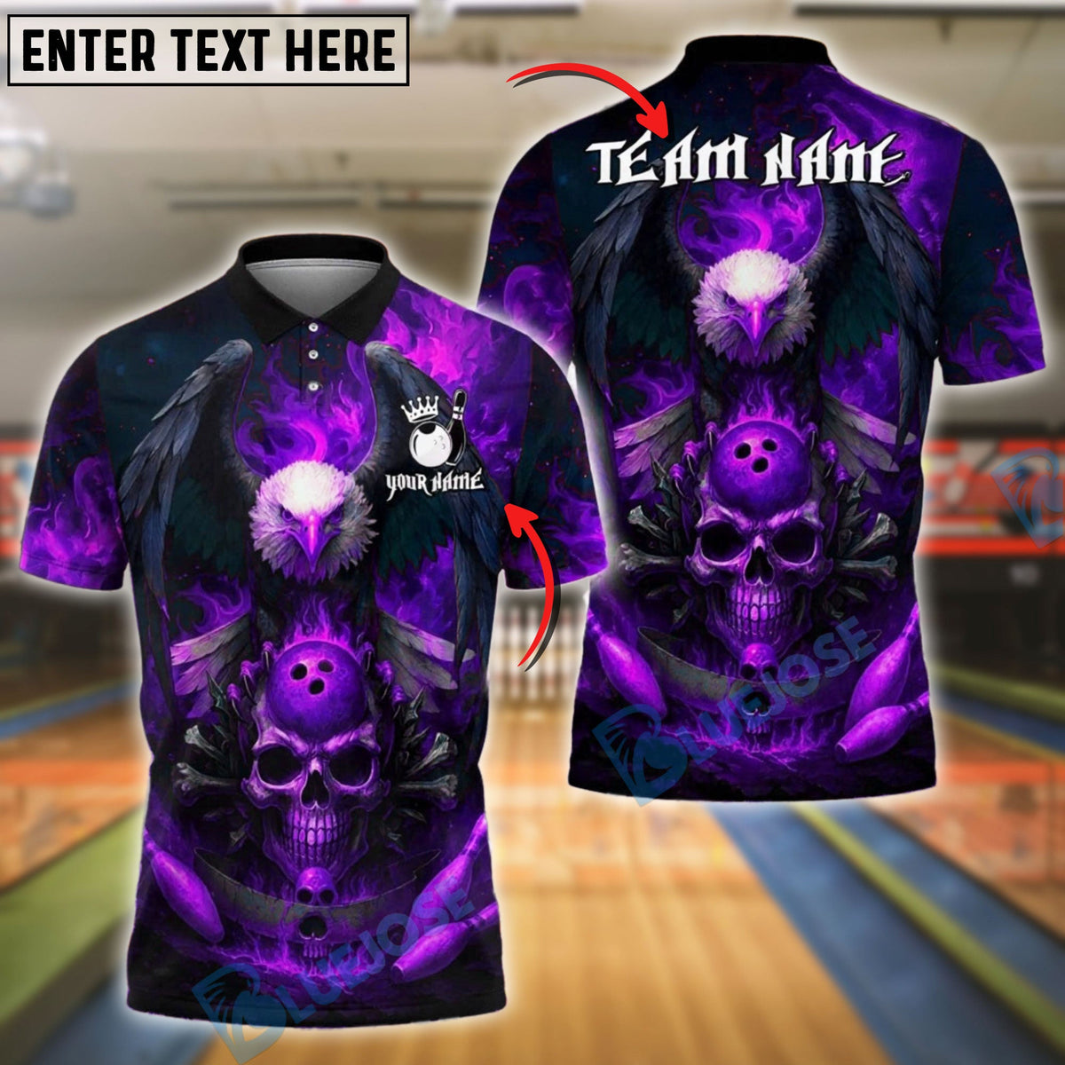 BlueJose Bowling And Pins Flaming Eagle Skull Fireball Customized Name, Team Name 3D Shirt (4 Colors)