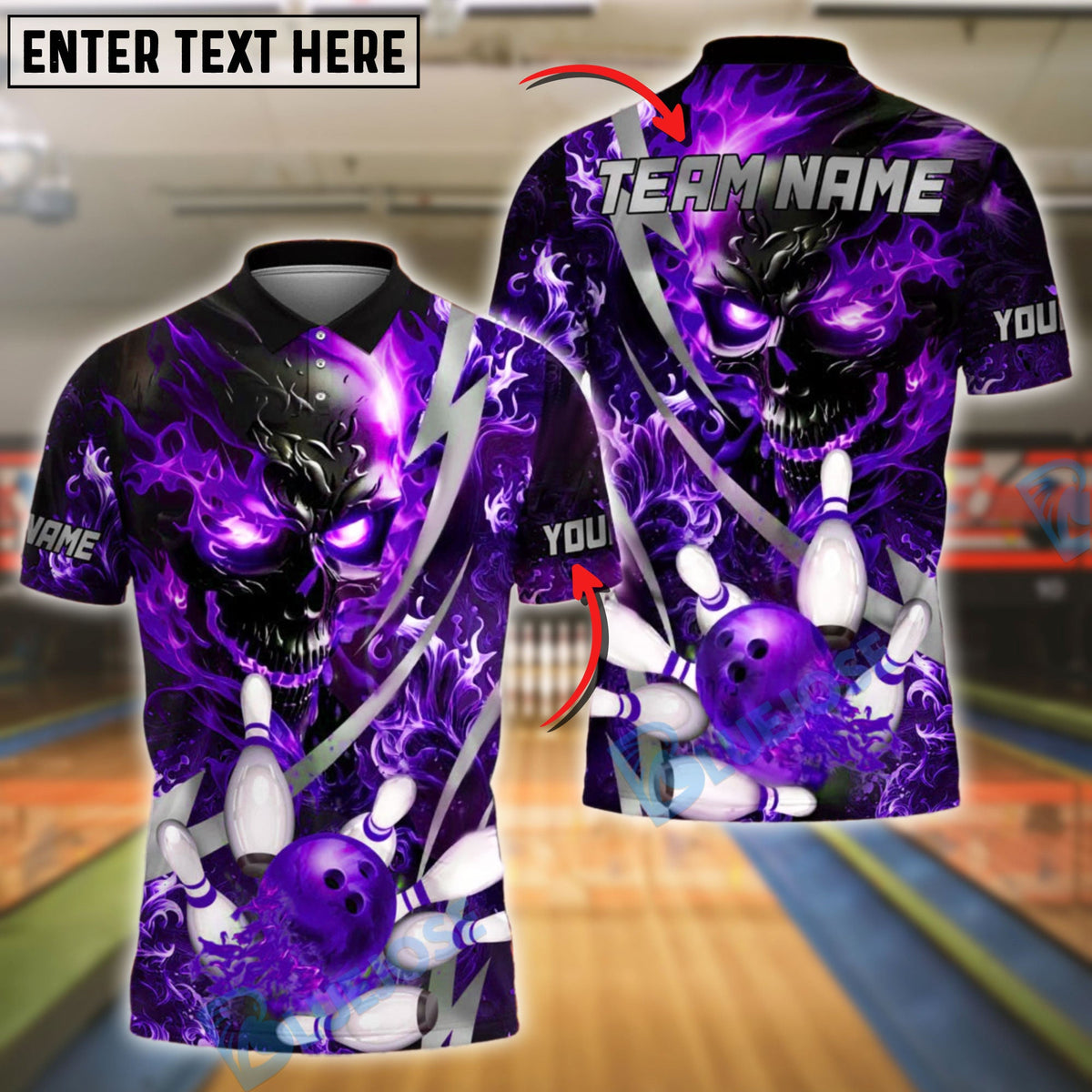 BlueJose Bowling And Pins Flame Electric Skull Customized Name, Team Name 3D Shirt (4 Colors)