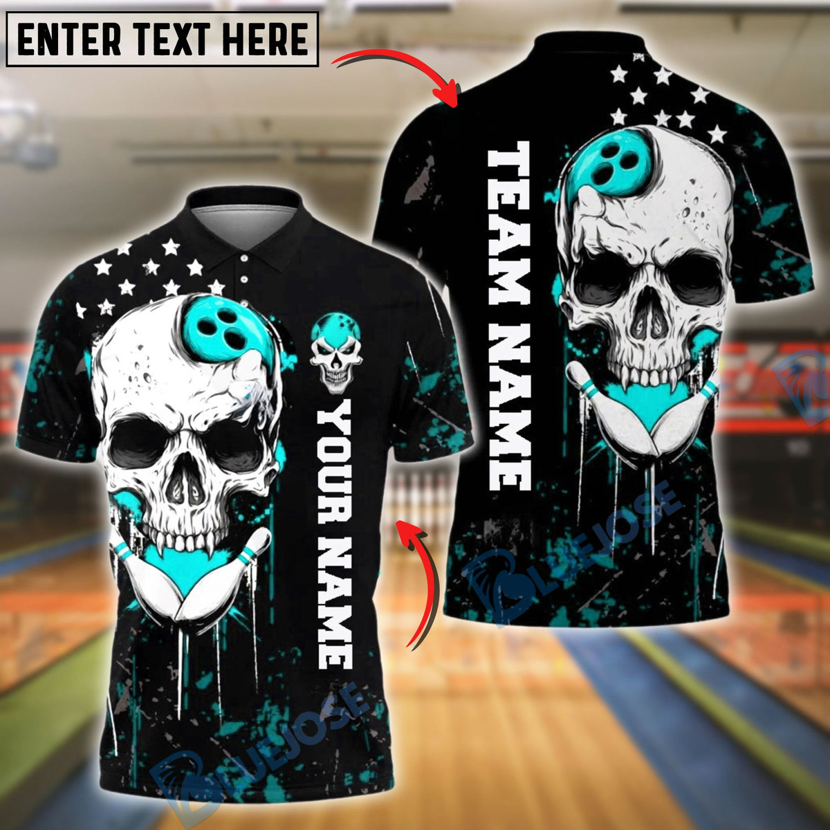 BlueJose Bowling And Pins Skull & Purple Grunge Design Customized Name, Team Name 3D Shirt (4 Colors)
