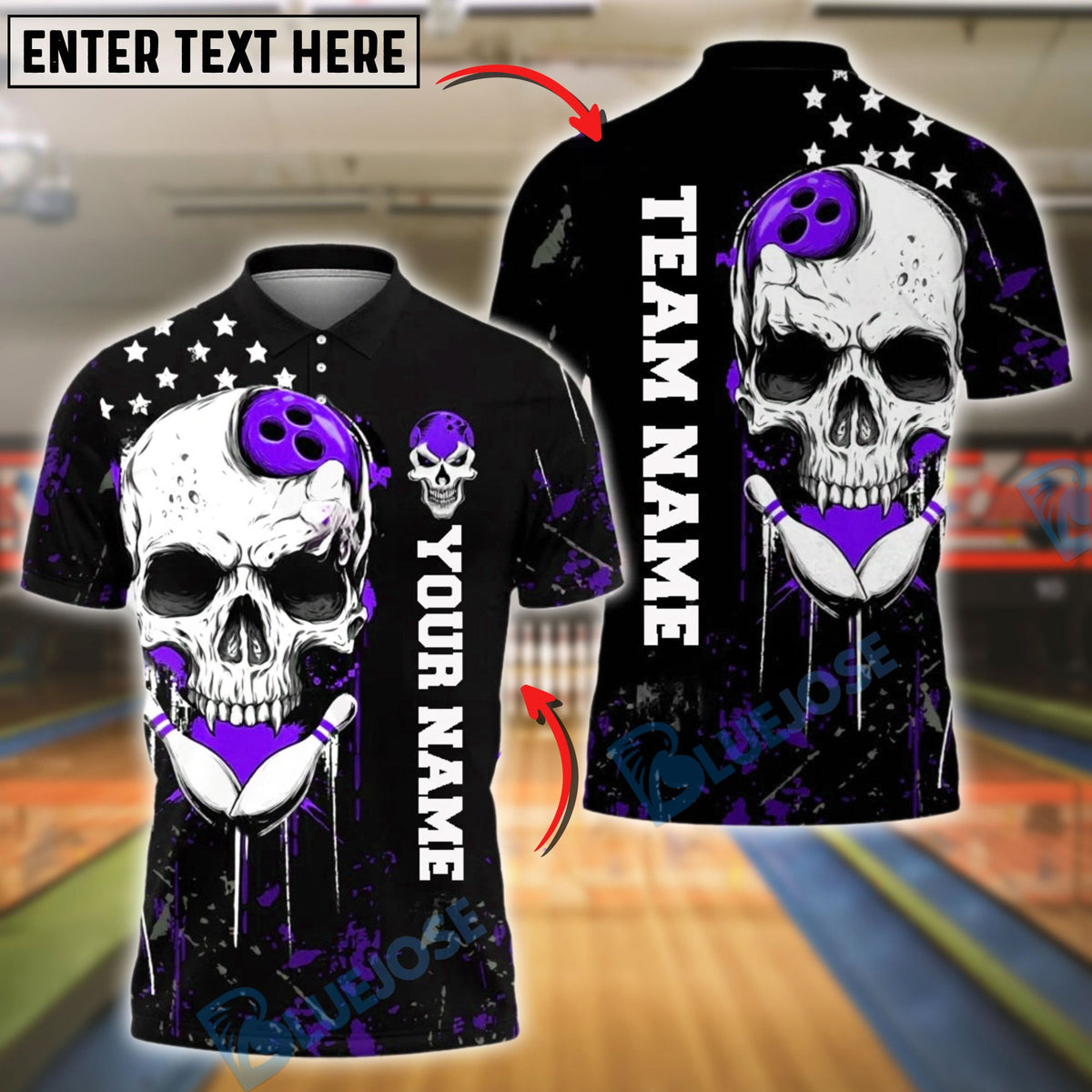 BlueJose Bowling And Pins Skull & Purple Grunge Design Customized Name, Team Name 3D Shirt (4 Colors)