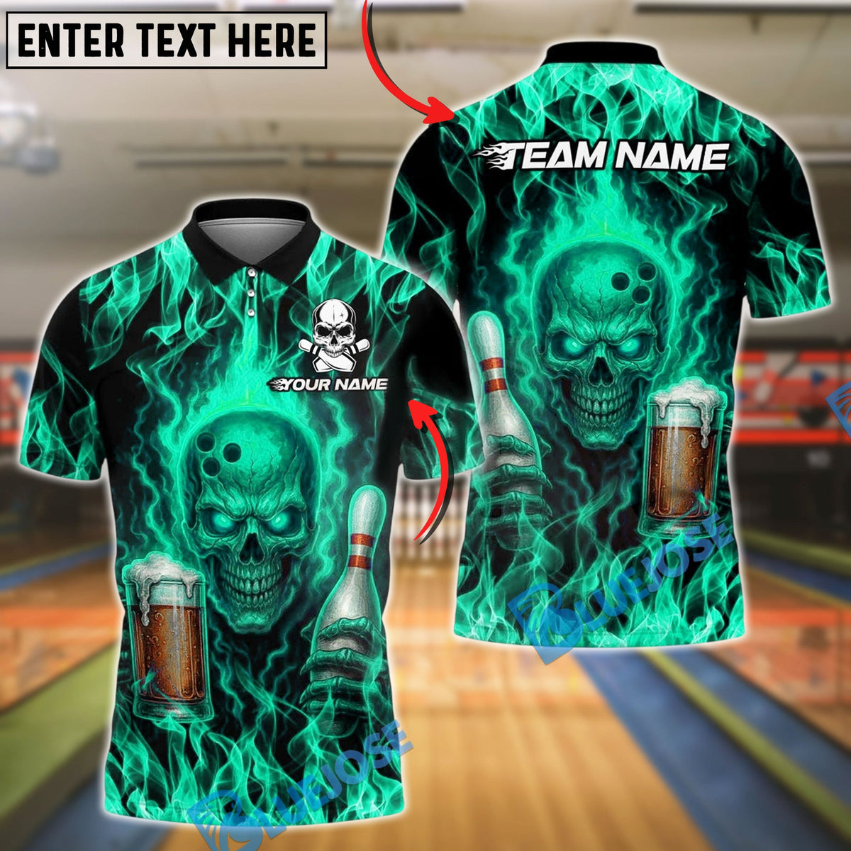 BlueJose Bowling And Pins Skull Flame Beer Customized Name, Team Name 3D Shirt (4 Colors)