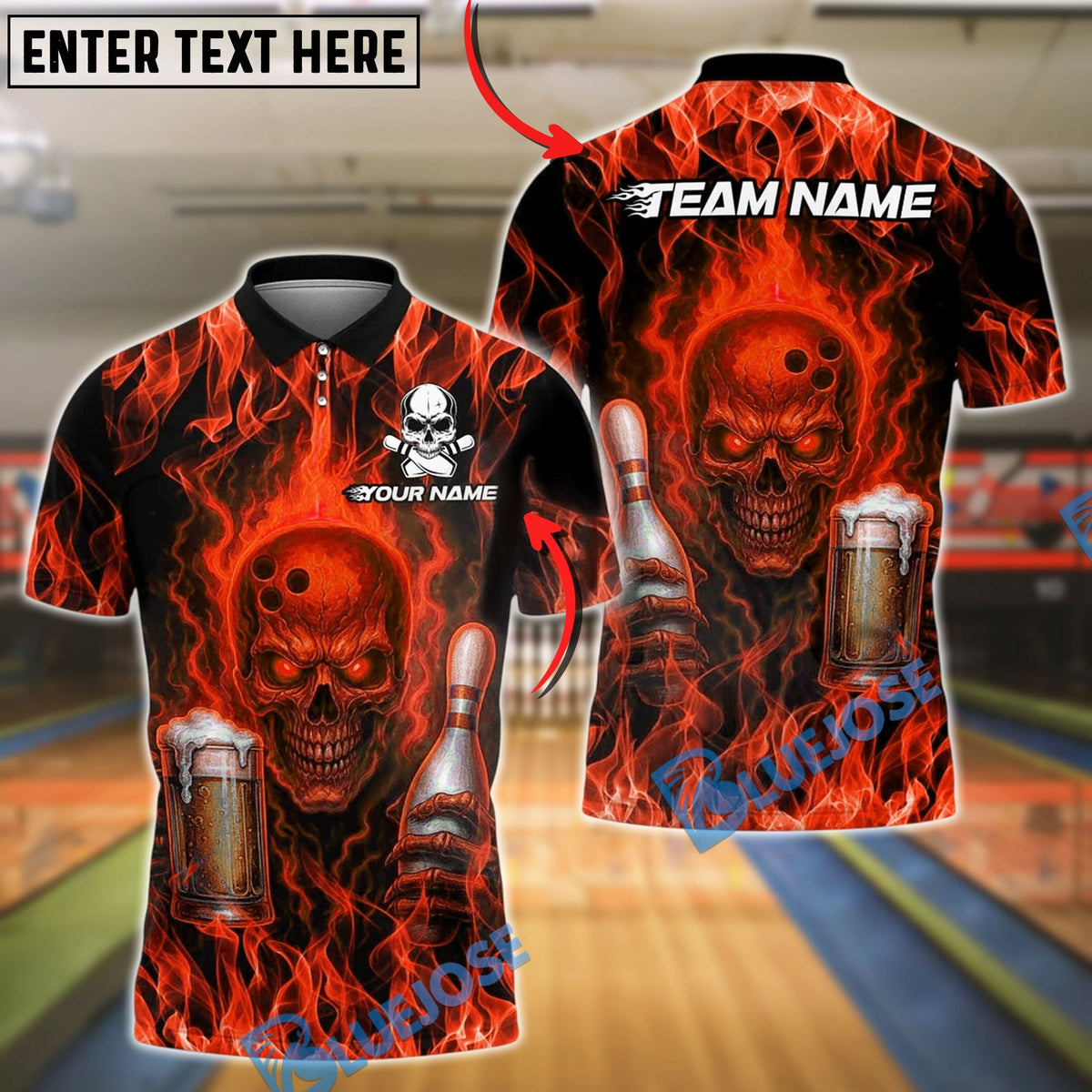 BlueJose Bowling And Pins Skull Flame Beer Customized Name, Team Name 3D Shirt (4 Colors)