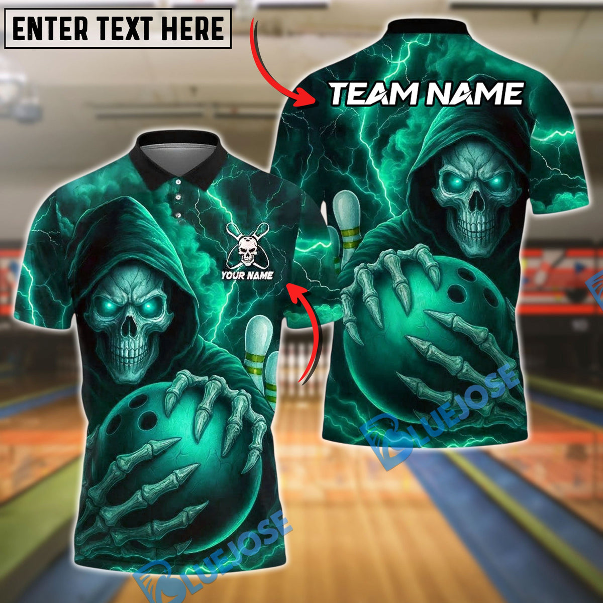 BlueJose Bowling And Pins Grim Reaper Lightning Customized Name, Team Name 3D Shirt (4 Colors)