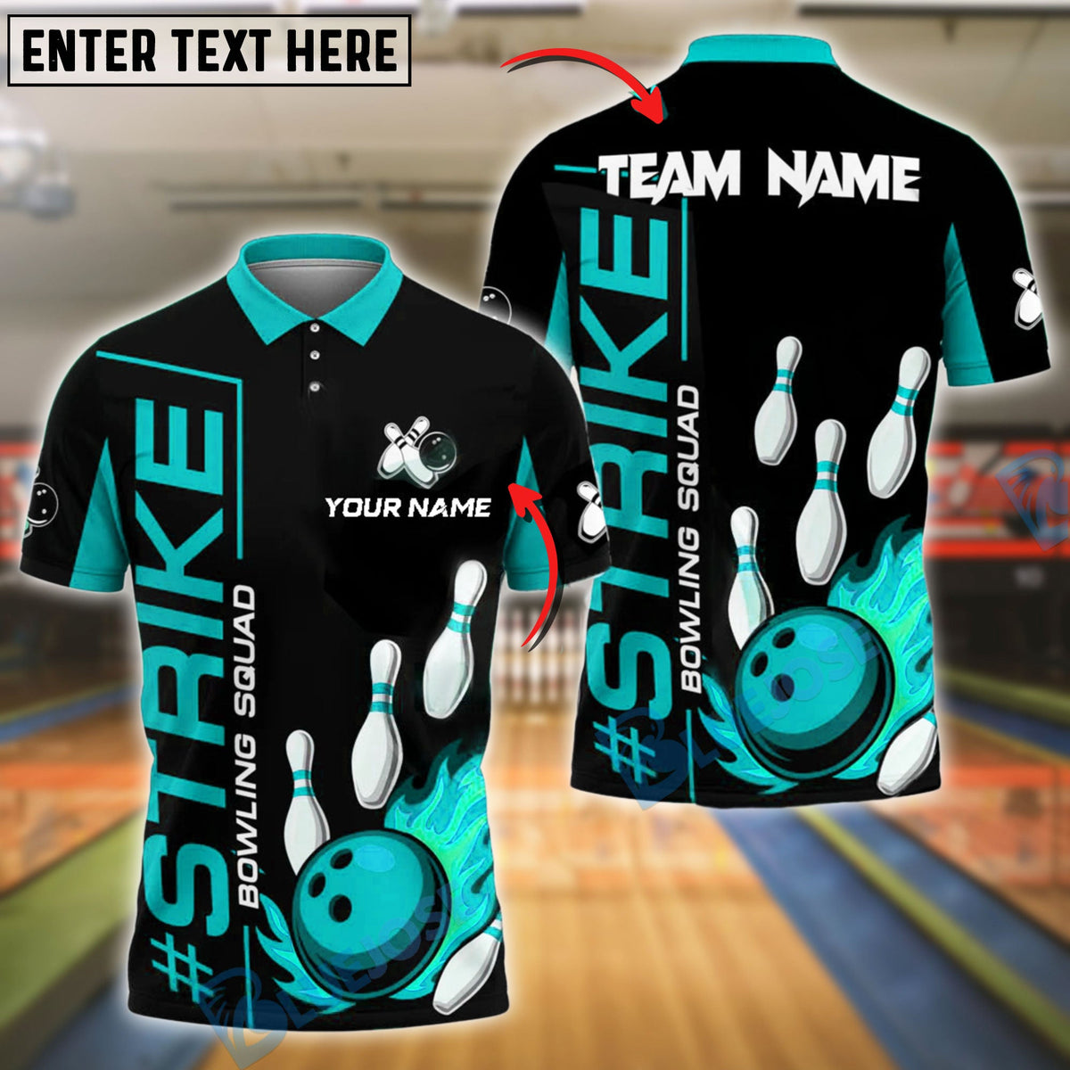BlueJose Bowling And Pins Strike Design Flaming Ball Customized Name, Team Name 3D Shirt (4 Colors)
